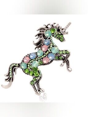 Unicorn Horse Brooch/Pendant with Pastel and Lime Green Rhinestones